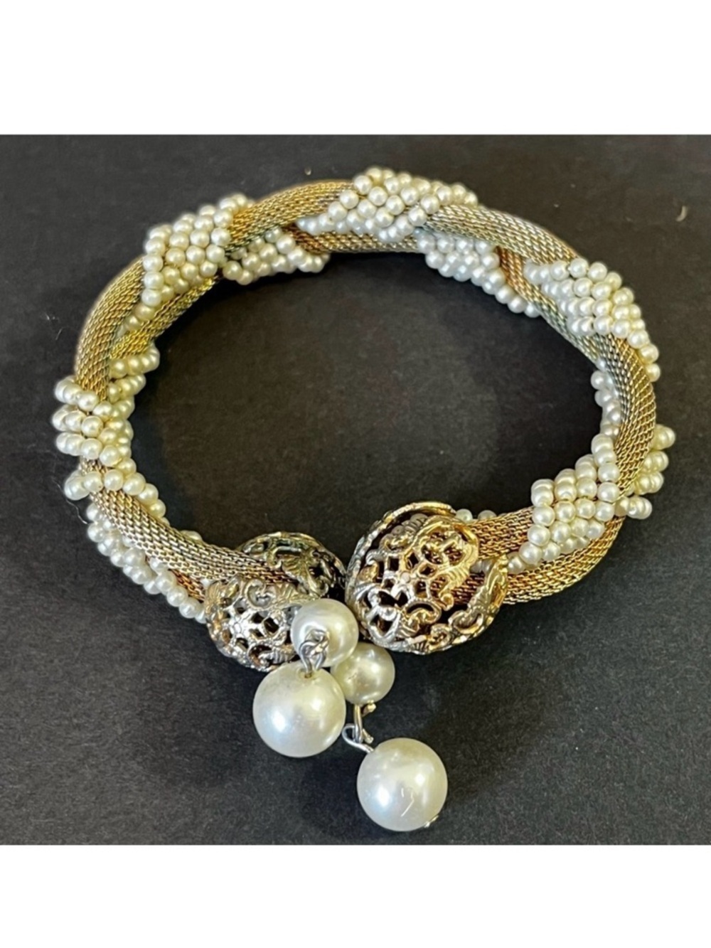 Vintage Memory Wire Wrap Bracelet Gold Tone White Bead Dangle Art Deco Victorian